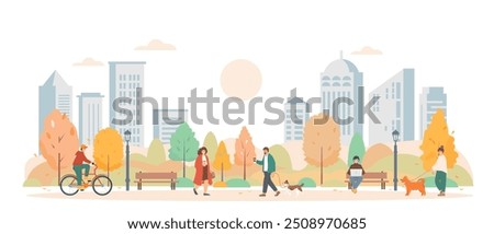 Happy people in Autumn city park. men and women walking with dogs, biking and working outside. Fall season in city. Vector flat banner background illustration.