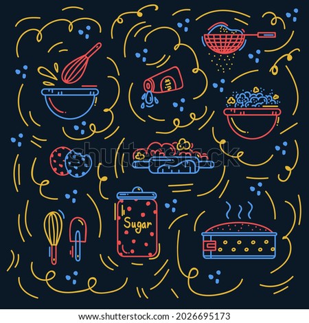 Pattern with baking ingredients for dough and cream. Background for the Recipe of flour dough, Cake and sponge cake. A set of linear vector texture icons for textiles. Vector illustration