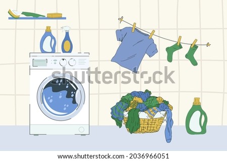 Illustration of a laundry room. Cartoon washing machine. A basket with dirty laundry. T-shirt, socks are clean, dry. A product for a laundry room or service. Vector illustration