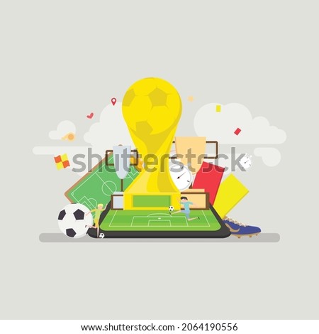 Template for football. Vector illustration of a soccer championship equipment. Trophy of the FIFA World Cup and official ball of FIFA World Cup and the green grass of the football field.