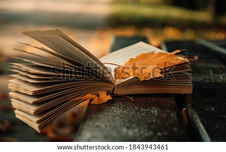 Old paper book and autumn garden with fallen yellow foliage