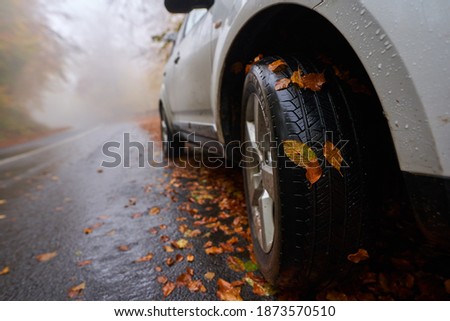Gros plan sur une voiture avec des feuilles coincées sur des roues sur une route humide en automne