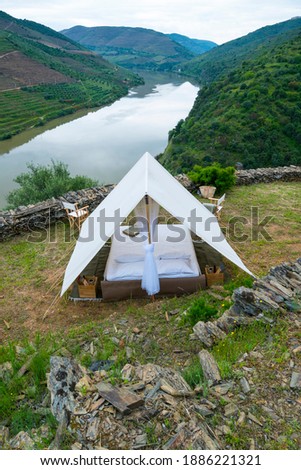 Campsite with glamour nearby Douro river in Côa Valley in northern Portugal of Europe