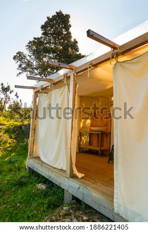 Campsite with glamour in Faia Brava nature reserve within Côa Valley in northern Portugal of Europe