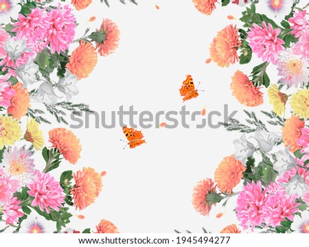 Colorful autumn flowers of chrysanthemum. Floral background, butterflies. 