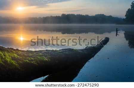 Beau lever de soleil sur le lac de brouillard. Un matin de brouillard au-dessus du lac dans le district de Mazury, lac Skanda près d