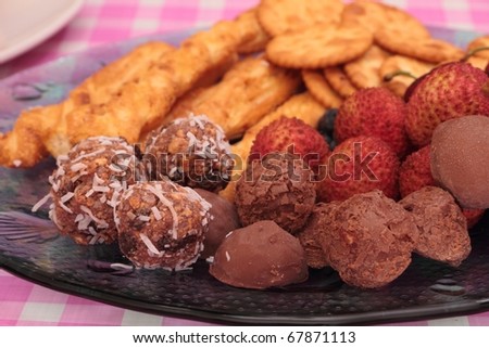 Image, Stock Photo Food Platter With Truffle Cheese, Duck Breast, Brie Cheese, Pecan Nuts, Pomegranate Seeds, Grapes, Almonds, Honey, Olives and Crackers