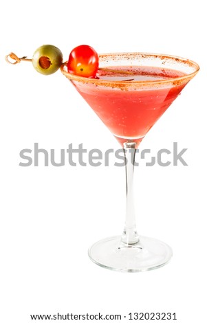 bloody mary cocktail isolated on a white background with cayenne pepper rim