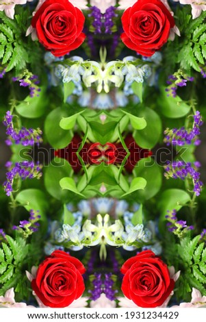 a floral bouquet arrangement abstract of classic red roses and soft pink daisies and blue larkspur and statice 8005