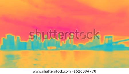 Defocused view of the New York skyline from Brooklyn Bridge Park synth wave style