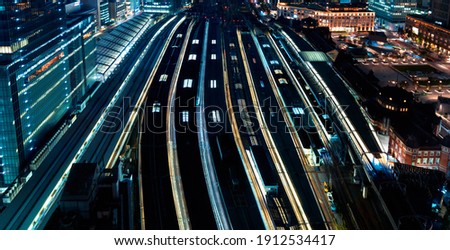 Aerial view of trains in Tokyo station, Tokyo, Japan