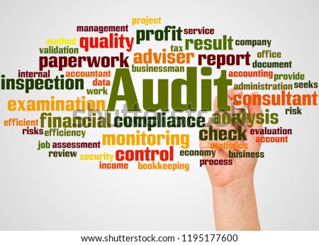 audit word cloud and hand with marker concept on white background