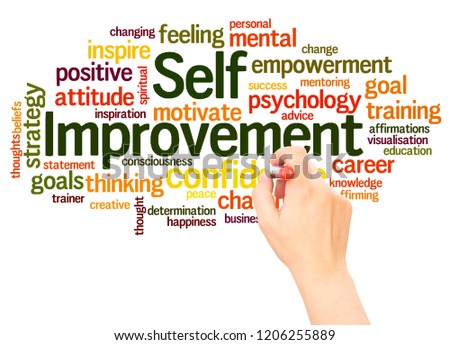 Self Improvement word cloud hand writing concept on white background.