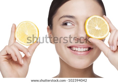 Similar – Image, Stock Photo Young Woman Holding Lemon Slices Over Eyes Smiling Widely