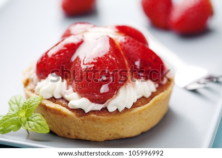 closeup of strawberry and cream cake - stock photo
