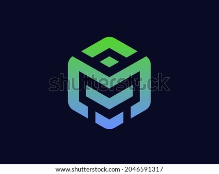 The M geometric data stack logo forms a techy-looking hexagon. With fresh gradient colors, it looks modern and futuristic. The sophisticated-looking M logo is perfect for a tech company logo.