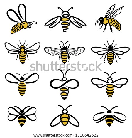 Honey bee set. Set of  honey and bee labels for honey logo products. Isolated insect icon. Flying bee. Set of abstract modern graphic bees  on white background. Flat style vector illustration.
