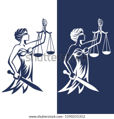 Justice Goddess Themis, lady justice Femida with sword and scales. Fair trial Law. Vector illustration.