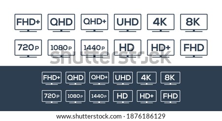 Display standard resolution, Smart tv Resolution Icon Logo, HD, HD+, FHD, FHD+, QHD, QHD+, UHD, 4k, 8k, vector icon set.