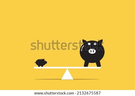 small piggy bank in side view stands on a white seesaw balanced with a large piggy bank in front view. Less is more. Efficient saving. Investments growth