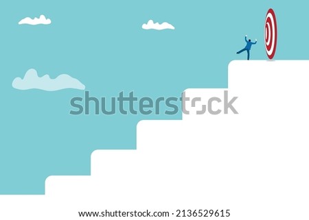 Happy business man ascending stairs and celebrating financial success. Concept of business achievement, achieved goal, successful entrepreneur. Eps10 vector illustration