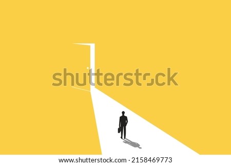 Business opportunity or career success vector concept with man walking enter door. Symbol of courage, ambition, having a goal, inspiration.