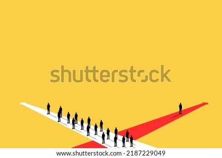Businessman has to make decision which way to go for his success, Business team or partner go different way, Different or unique concept. 1