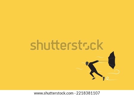 Struggling Against Wind, business Man Holding Umbrella in Rainy Autumn Day Vector Illustration,