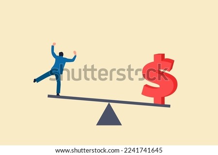 businessman balancing on a seesaw with a dollar finance money symbol. concept off financial balance, optimization and Saving budget.