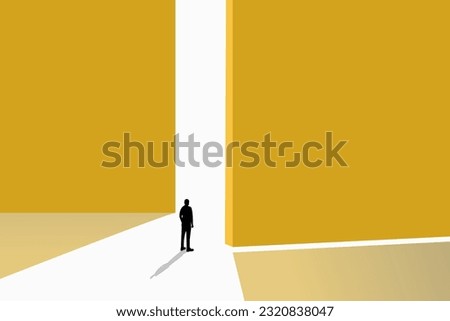 Business opportunity or career success vector concept with man walking enter door. Symbol of courage, ambition, having a goal, inspiration