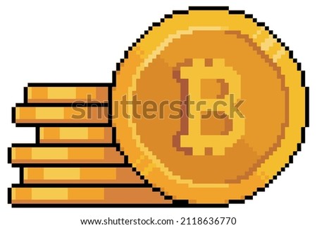 Pixel art bitcoin stacked cryptocurrency vector icon for 8bit game on white background


