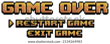 Pixel art over game over screen with restart and exit vector icon for 8bit game on white background

