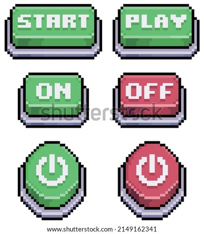 Pixel art game buttons, start, play, on, off icon for 8bit game on white background
