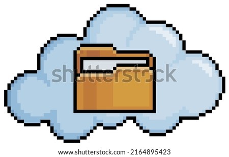 Pixel art clouds with document folder. Cloud data vector icon for 8bit game on white background


