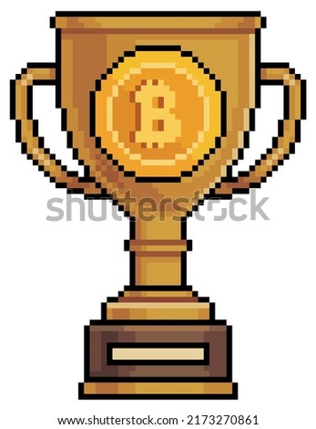 Pixel art bitcoin trophy. Cryptocurrency Prize vector icon for 8bit game on white background
