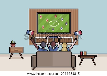 Pixel art fans watching football on tv in living room French people watching the world cup 8bit background of people watching soccer world cup