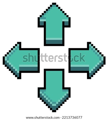 Pixel art video game direction arrow button, direction key vector icon for 8bit game on white background
