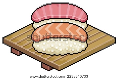 Pixel art sake nigiri and toro nigiri on wooden board for sushi vector icon for 8bit game on white background