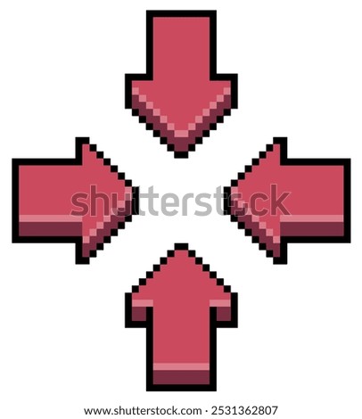 Pixel art four red arrows pointing to the center, red arrows button vector icon for 8bit game on white background