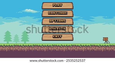 Game home screen in pixel art, 8-bit style with wooden buttons and a vibrant blue sky, showing options for gameplay selection