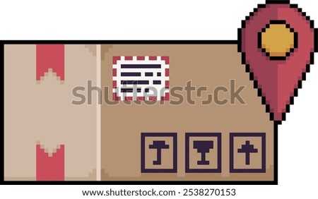 Pixel art box with a GPS location pin, parcel icon with location pin in 8-bit style on white background