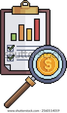 Pixel art of a clipboard with bar graph and a magnifying glass with a coin in 8-bit style