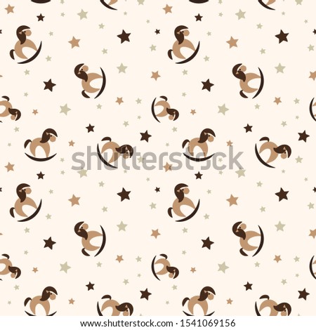 A seamless vector childish pattern with rocking horses and stars. un surface print design with traditional toys. Great for nursery textiles, nostalgic stationery and git wrap.