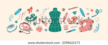 Big vector cartoon set of sewing tools elements. Threads, buttons, scissors, mannequin, patterns, sewing machine and iron. For advertising design of hobby and creative goods stores. Scandinavian style