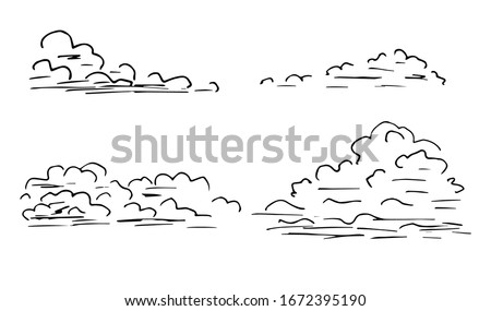 Hand-drawn vector set of black outline on a white background. Cumulus clouds of different shapes. Element of nature, seasonal weather, sky, air.