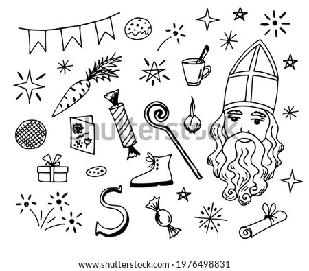 Hand-drawn black outline vector set. Ink drawing, sketch. Elements for the decoration of the traditional holiday, St. Nicholas Day, New Year, Christmas. Sinterklaas, Dutch Santa Claus, gifts.