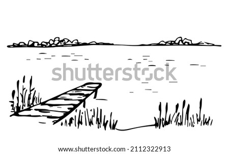 Wooden pier on the lake, pond, calm water, reeds. Wildlife, recreation and fishing. Simple black outline vector drawing. Sketch in ink.