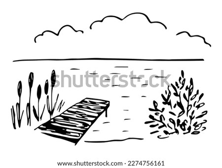Wooden pier on the lake, pond, calm water, reeds and bushes, clouds in the sky. Wildlife, recreation and fishing. Simple black outline vector drawing. Ink sketch.