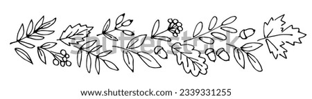 Garland of autumn leaves, branches, rowan berries, acorns. Floral border for seasonal decor. Vector black outline drawing. Sketch in ink.