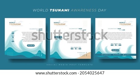 Set of social media post template with tsunami waves design on white background. World Tsunami Awareness Day template design. Good template for online advertisement design.